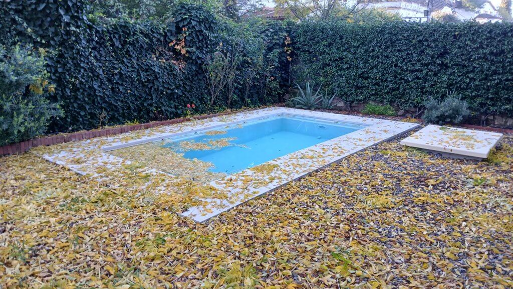 Piscina al aire libre con hojas caídas en la superficie del agua, representando la necesidad de mantenimiento en invierno.