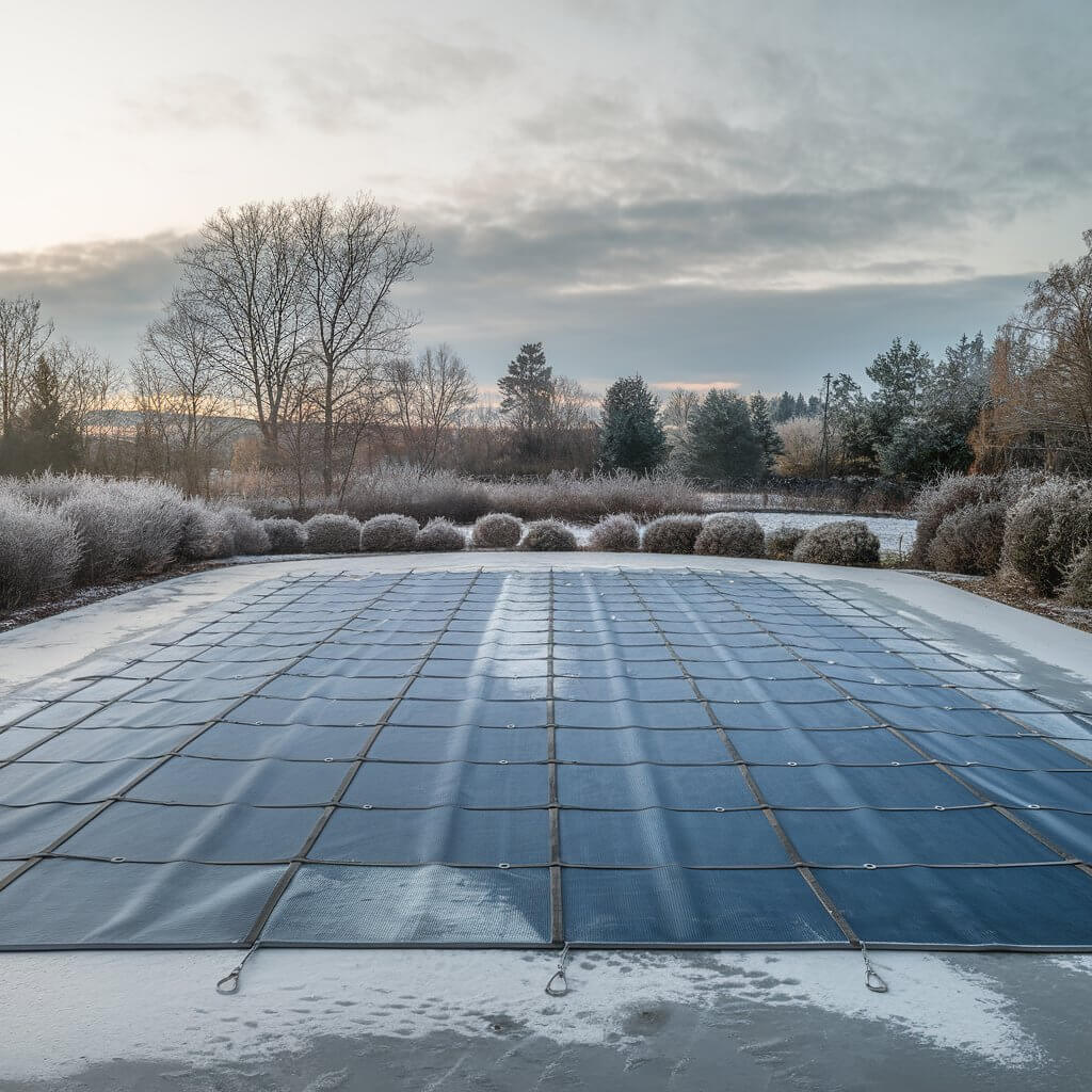 Piscina protegida durante el invierno con productos hivernadores.